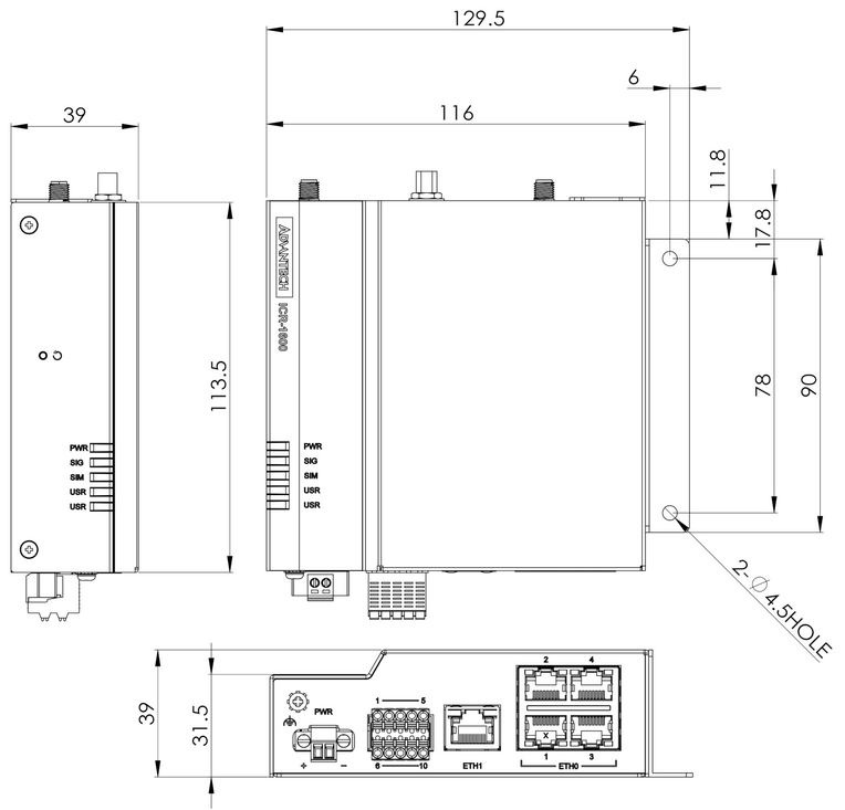Front, top and side view for basic set