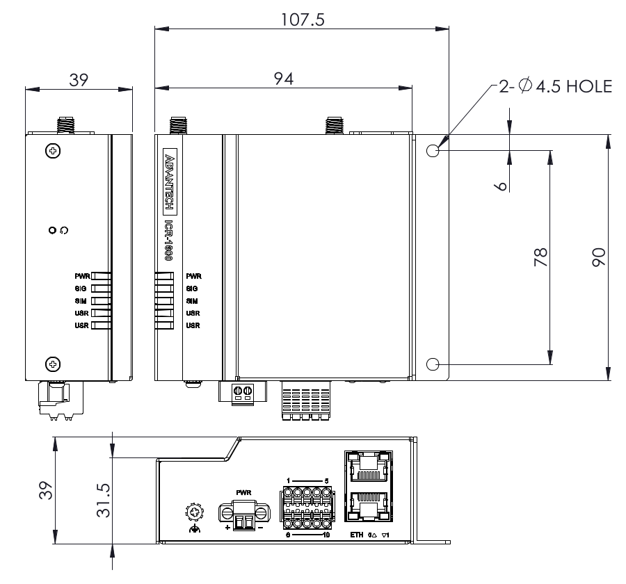 Front, top and side view with wall-mounting holder