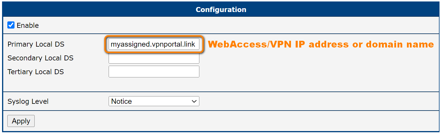 VPN Connection configuration page