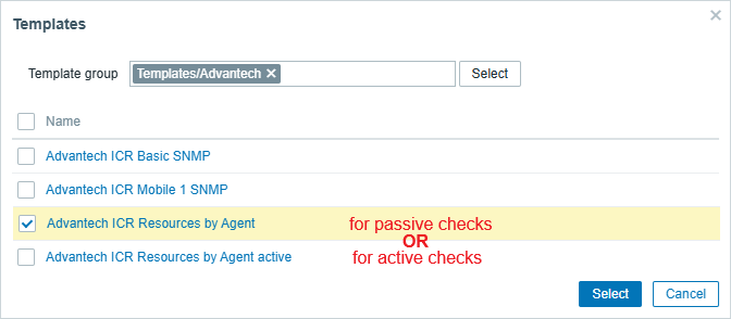 Choose template for active checks